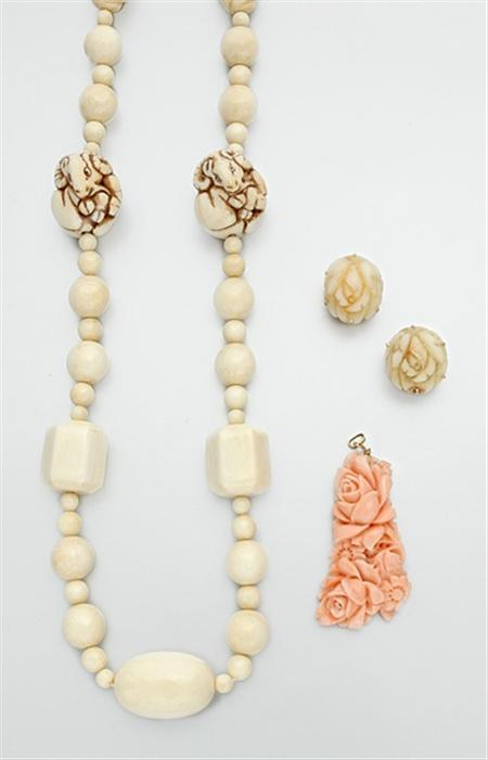 Lot image - Ivory Bead Necklace, Pair of Carved Coral Flower Earclips and Pendant and Pair of Bead Pendant Earrings