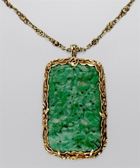 Lot image - Gold and Carved Jade Pendant Brooch with Gold Chain
