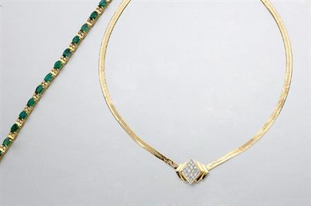 Lot image - Emerald and Diamond Bracelet and Gold and Diamond Necklace