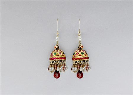 Lot image - Pair of Indian Gold, Gem-Set and Freshwater Pearl Pendant-Earrings