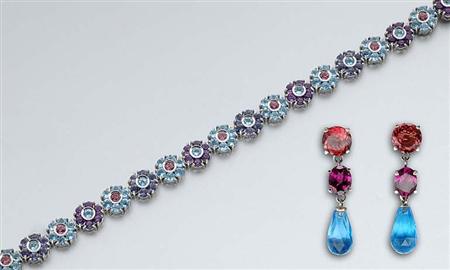 Lot image - Blue Topaz, Amethyst and Pink Tourmaline Bracelet and Pair of Pendant-Earrings