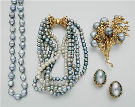 Lot image - Group of Dyed Gray Cultured Pearl Jewelry and Pair of Mabe Pearl Earclips