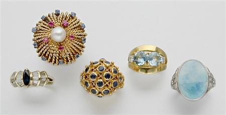 Lot image - Six Gold and Gem-Set Rings and One Costume Ring