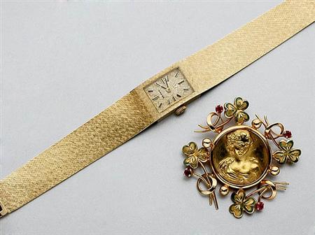 Lot image - Gold Wristwatch and Gold, Enamel and Synthetic Ruby Brooch