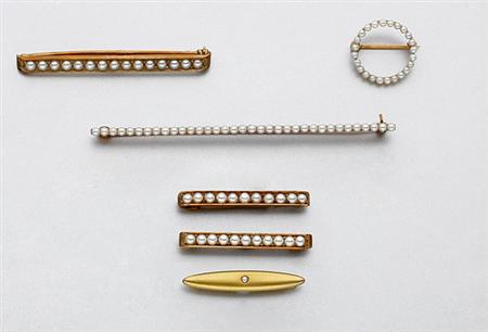 Lot image - Six Antique Gold and Seed Pearl Pins and Diamond Bar Pin