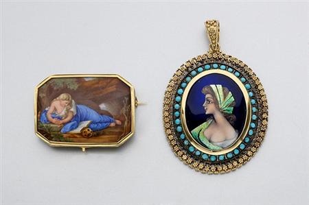 Lot image - Gold, Turquoise and Painted Enamel Pendant and Painted Mother-of-Pearl Pendant-Brooch
