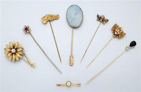 Lot image - Group of Gold, Diamond and Gem-Set Stick Pins and Two Pins