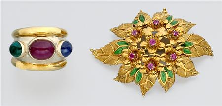 Lot image - Gold and Gem-Set Band Ring and Brooch