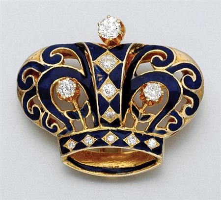 Lot image - Gold, Enamel and Diamond Crown Pendant-Brooch