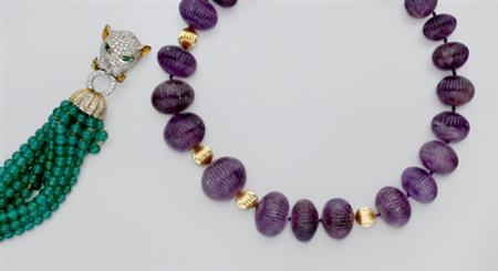 Lot image - Fluted Amethyst and Gold Bead Necklace and Dyed Green Chalcedony and Diamond Torsade Bracelet