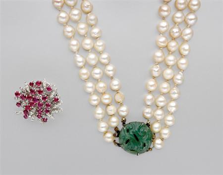 Lot image - Triple Strand Semi-Baroque Cultured Pearl Necklace and Ruby and Diamond Brooch