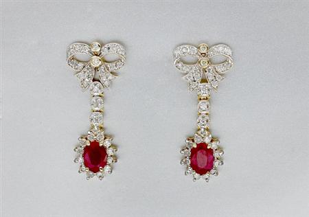 Lot image - Pair of Ruby and Diamond Pendant Earrings