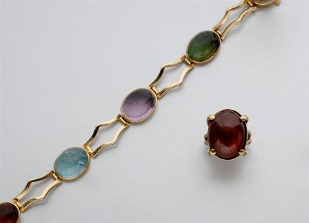 Lot image - Gold and Cabochon Colored-Stone Bracelet and Ring
