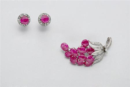 Lot image - Synthetic Ruby and Diamond Brooch and Pair of Earrings
