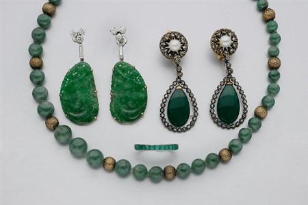 Lot image - Group of Silver and Jade and Nephrite Jewelry, Emerald Ring and Pair of Earrings