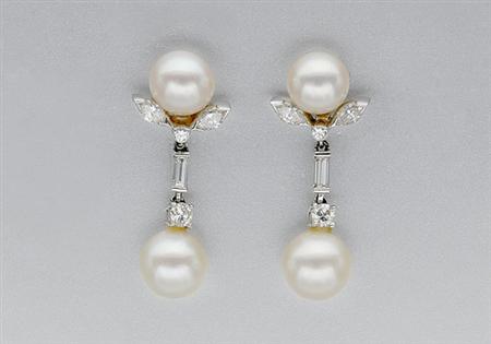 Lot image - Pair of Cultured Pearl and Diamond Pendant-Earrings