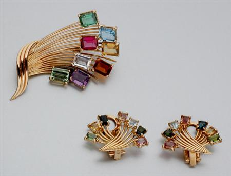 Lot image - Gold and Gem-Set Brooch and Pair of Earclips