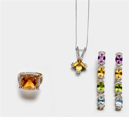 Lot image - Pair of Gem-Set and Diamond Pendant Earrings, Citrine and Diamond Ring and Pendant