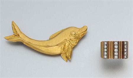 Lot image - Hammered Gold Dolphin Brooch and Diamond Band Ring