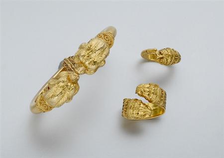 Lot image - Gold Gargoyle Head Bangle and Two Rings
