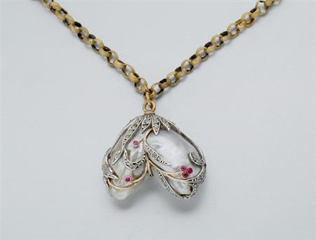 Lot image - Baroque Cultured Pearl, Diamond and Ruby Pendant with Antique Gold Chain