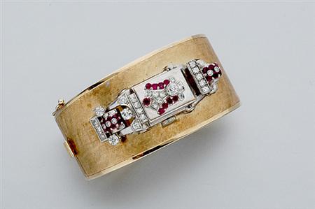 Lot image - Two-Color Gold, Ruby and Diamond Watch Cuff Bangle