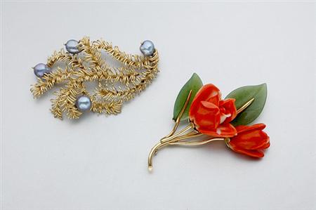 Lot image - Gold and Dyed Gray Cultured Pearl Brooch and Carved Coral and Nephrite Brooch