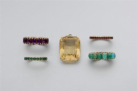 Lot image - Four Gem-Set Band Rings and Citrine Pendant