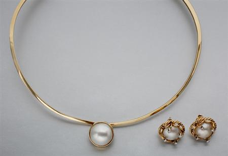 Lot image - Gold and Mabe Pearl Choker Necklace and Pair of Mabe Pearl and Diamond Earrings