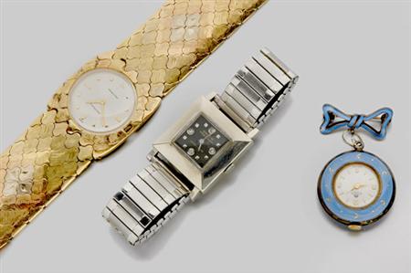 Lot image - Three Wristwatches and an Enamel Lapel Watch