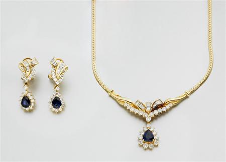 Lot image - Gold, Sapphire and Diamond Pendant-Necklace and Pair of Pendant-Earrings