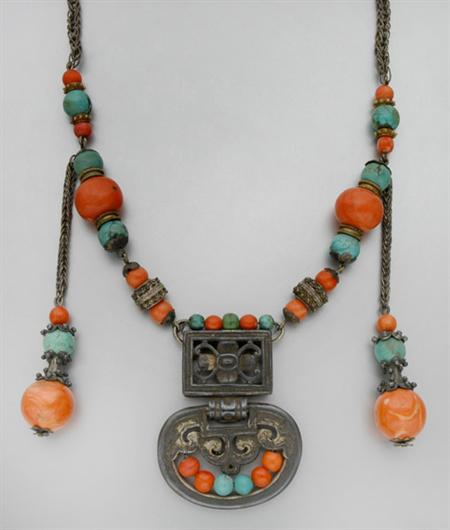 Lot image - Silver, Turquoise and Coral Bead Pendant-Necklace