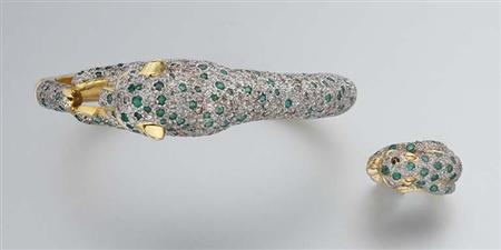 Lot image - Two-Color Gold, Diamond and Emerald Leopard Ring and Bangle