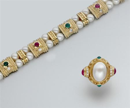 Lot image - Gold, Mabe Pearl and Gem-Set Ring and Double Strand Cultured Pearl, Gem-Set and Diamond Bracelet