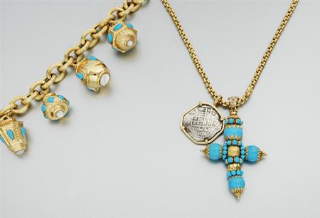 Lot image - Gold and Treated Turquoise Cross and Silver Medallion Pendant Necklace and Charm Bracelet
