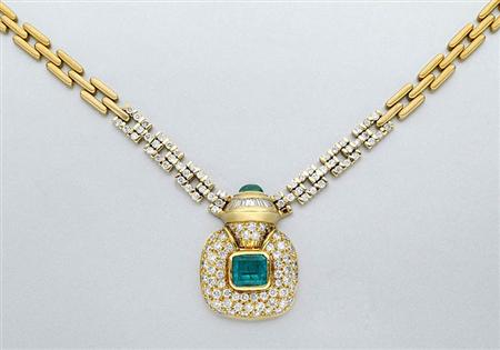 Lot image - Gold, Emerald and Diamond Pendant Necklace