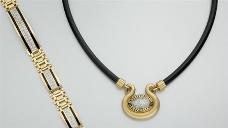 Lot image - Gold, Enamel and Diamond Pendant with Rubber Necklace and Bracelet