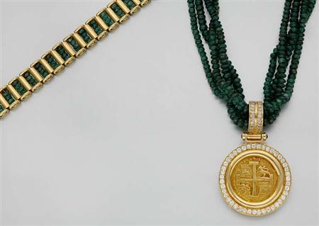 Lot image - Four Strand Emerald Bead Necklace with Gold and Diamond Medallion Pendant and Emerald Bead Bracelet