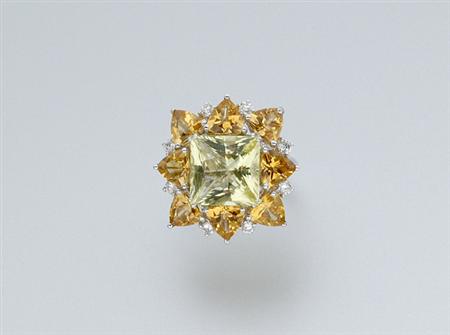 Lot image - Lemon Quartz, Citrine and Diamond Flower Ring