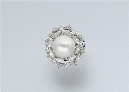Lot image - Cultured Pearl and Diamond Ring