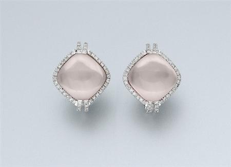 Lot image - Pair of Rose Quartz and Diamond Earrings