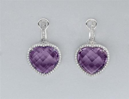 Lot image - Pair of Amethyst and Diamond Pendant-Earrings