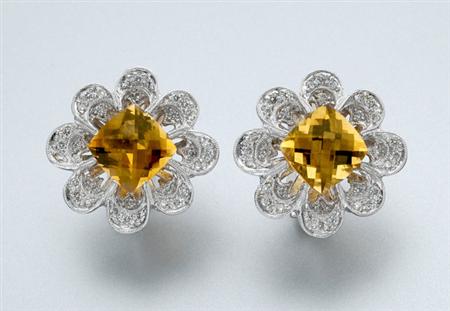 Lot image - Pair of Citrine and Diamond Flower Earrings