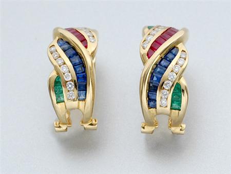 Lot image - Pair of Gold, Gem-Set and Diamond Half-Hoop Earclips