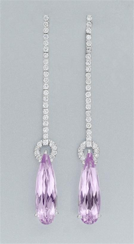 Lot image - Pair of Kunzite and Diamond Pendant-Earrings