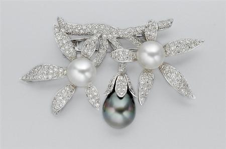 Lot image - Black and White Cultured Pearl and Diamond Flower Brooch