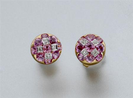 Lot image - Pair of Pink Sapphire and Diamond Earrings