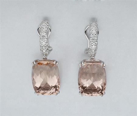 Lot image - Pair of Morganite and Diamond Pendant-Earrings