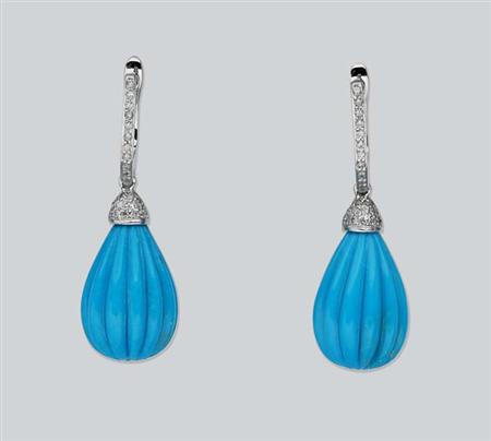 Lot image - Pair of Fluted Turquoise and Diamond Pendant-Earrings