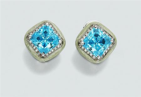 Lot image - Pair of Hydrothermal Blue Quartz, Enamel and Diamond Earrings